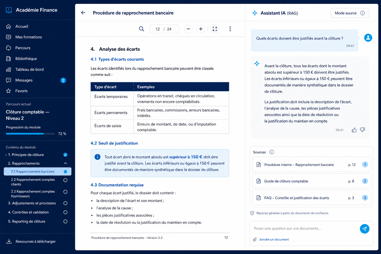 Interface simulée de formation avec document comptable, assistant IA et citations