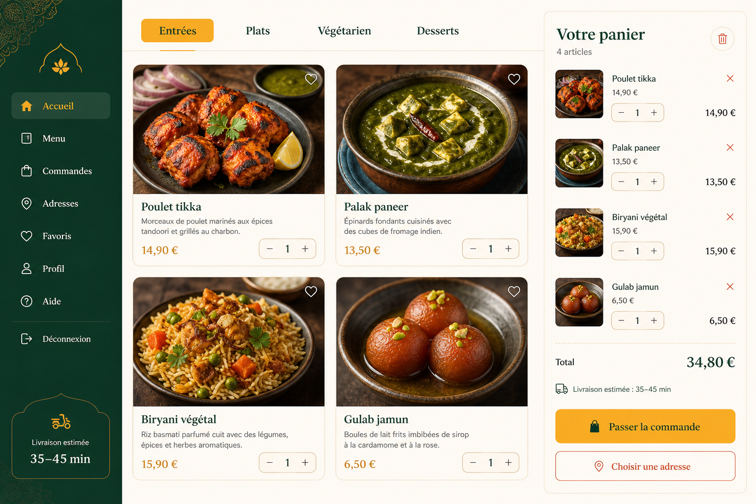 Interface client simulée affichant la carte, les prix et le panier d’un restaurant